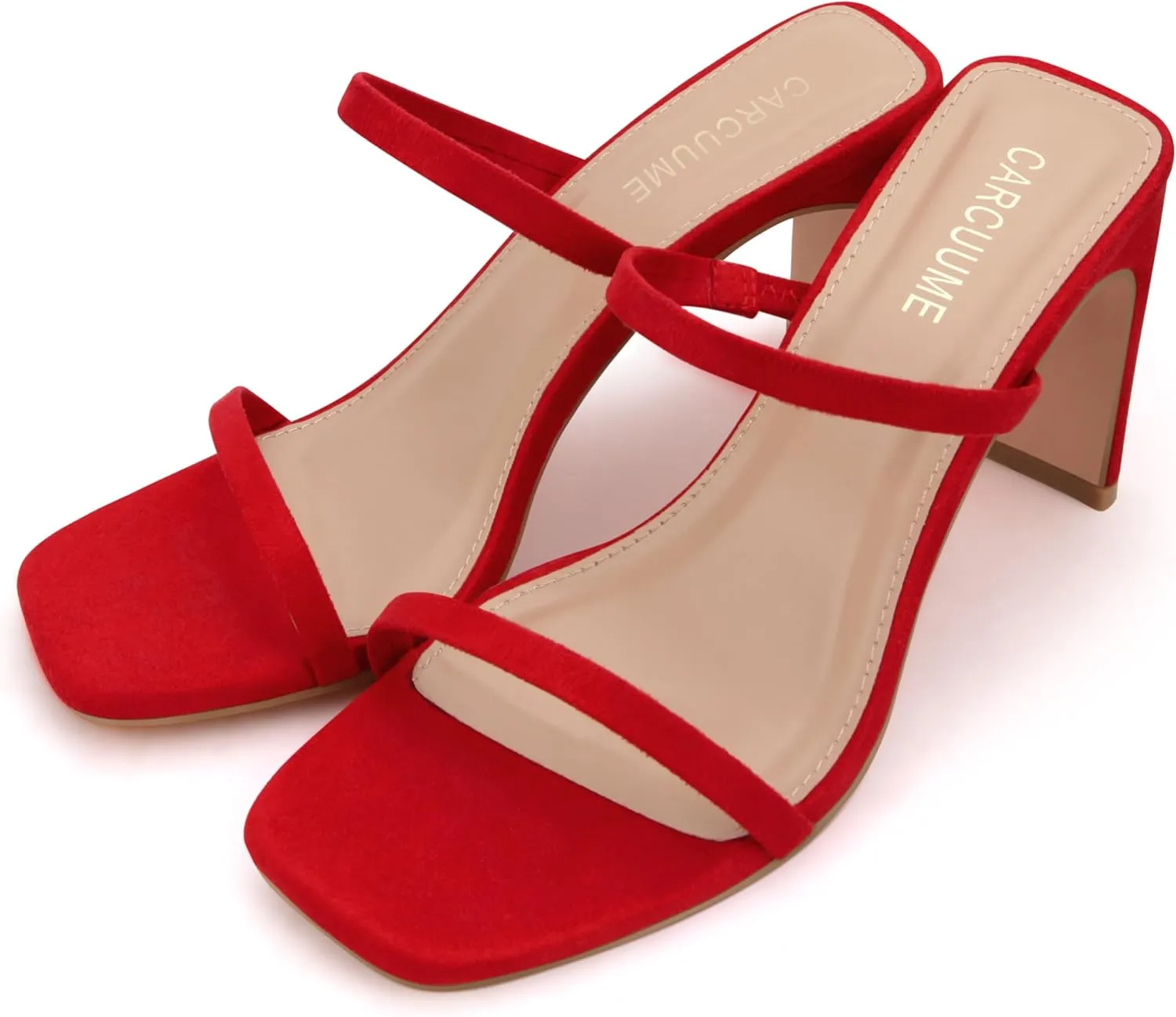 Carcuume Women's Square Toe Two Strap Open Toe Block Heels Sandals Slip On Shoes