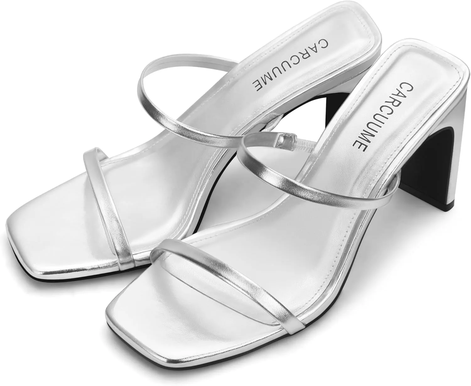 Carcuume Women's Square Toe Two Strap Open Toe Block Heels Sandals Slip On Shoes