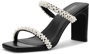 Carcuume Women's Square Toe Two Strap Open Toe Block Heels Sandals Slip On Shoes
