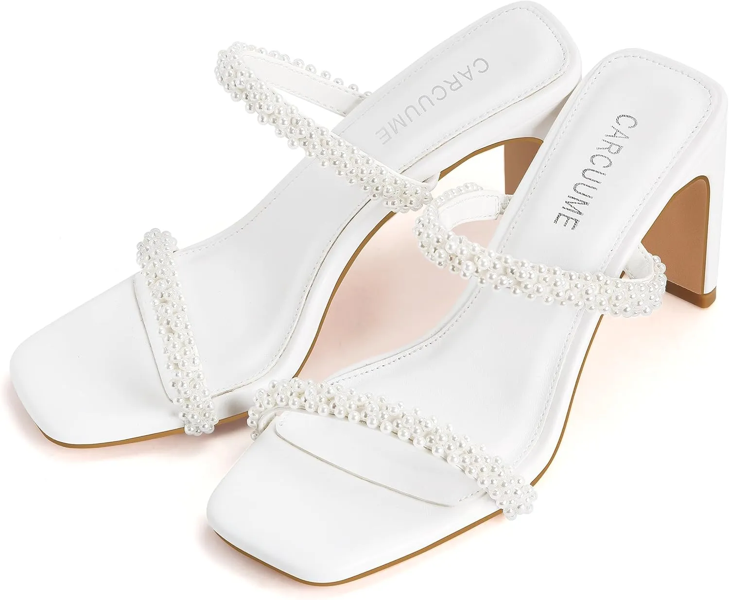 Carcuume Women's Square Toe Two Strap Open Toe Block Heels Sandals Slip On Shoes