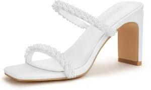 Carcuume Women's Square Toe Two Strap Open Toe Block Heels Sandals Slip On Shoes