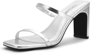 Carcuume Women's Square Toe Two Strap Open Toe Block Heels Sandals Slip On Shoes