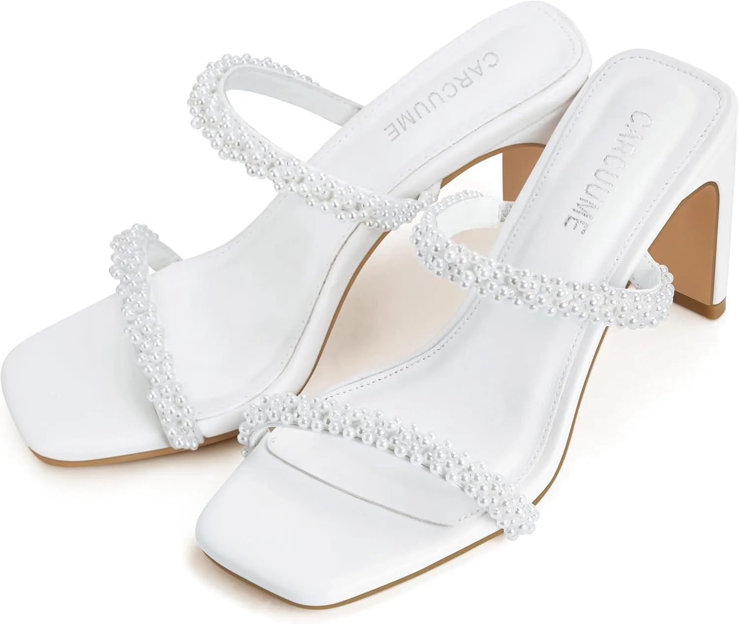 Carcuume Women's Square Toe Two Strap Open Toe Block Heels Sandals Slip On Shoes