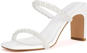 Carcuume Women's Square Toe Two Strap Open Toe Block Heels Sandals Slip On Shoes