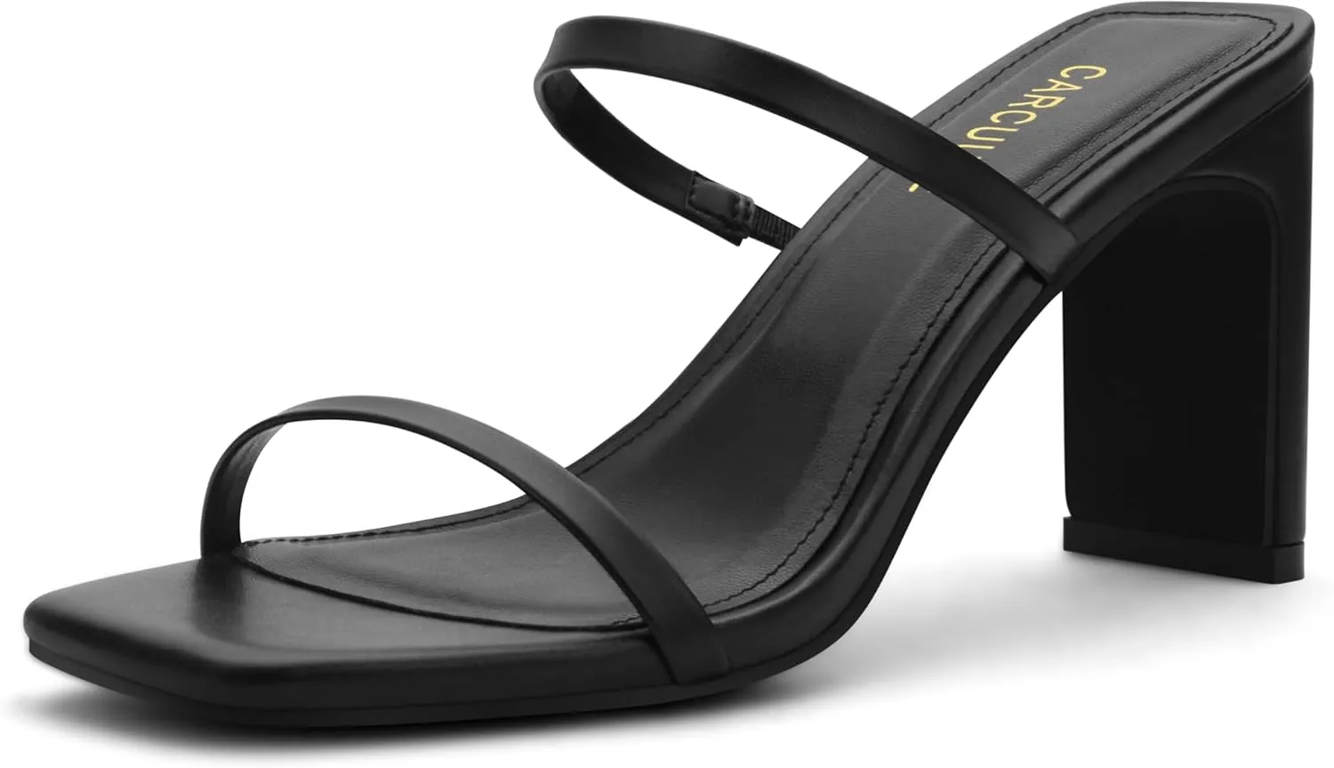 Carcuume Women's Square Toe Two Strap Open Toe Block Heels Sandals Slip On Shoes