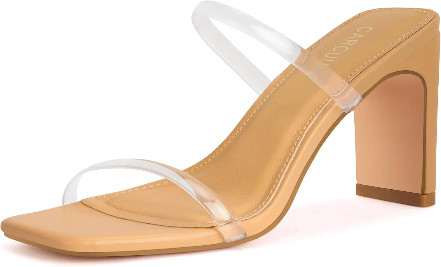 Carcuume Women's Square Toe Two Strap Open Toe Block Heels Sandals Slip On Shoes