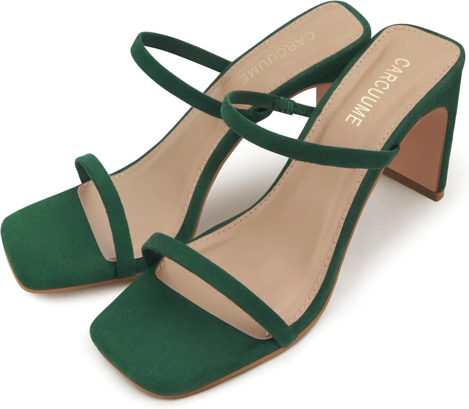 Carcuume Women's Square Toe Two Strap Open Toe Block Heels Sandals Slip On Shoes