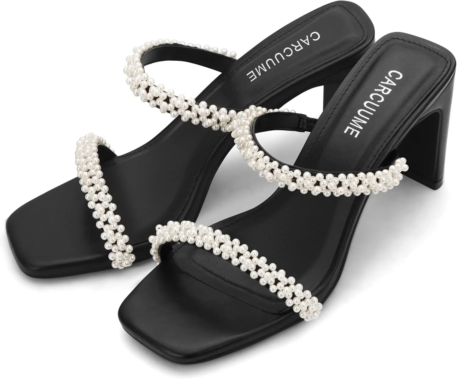 Carcuume Women's Square Toe Two Strap Open Toe Block Heels Sandals Slip On Shoes