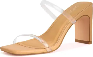 Carcuume Women's Square Toe Two Strap Open Toe Block Heels Sandals Slip On Shoes