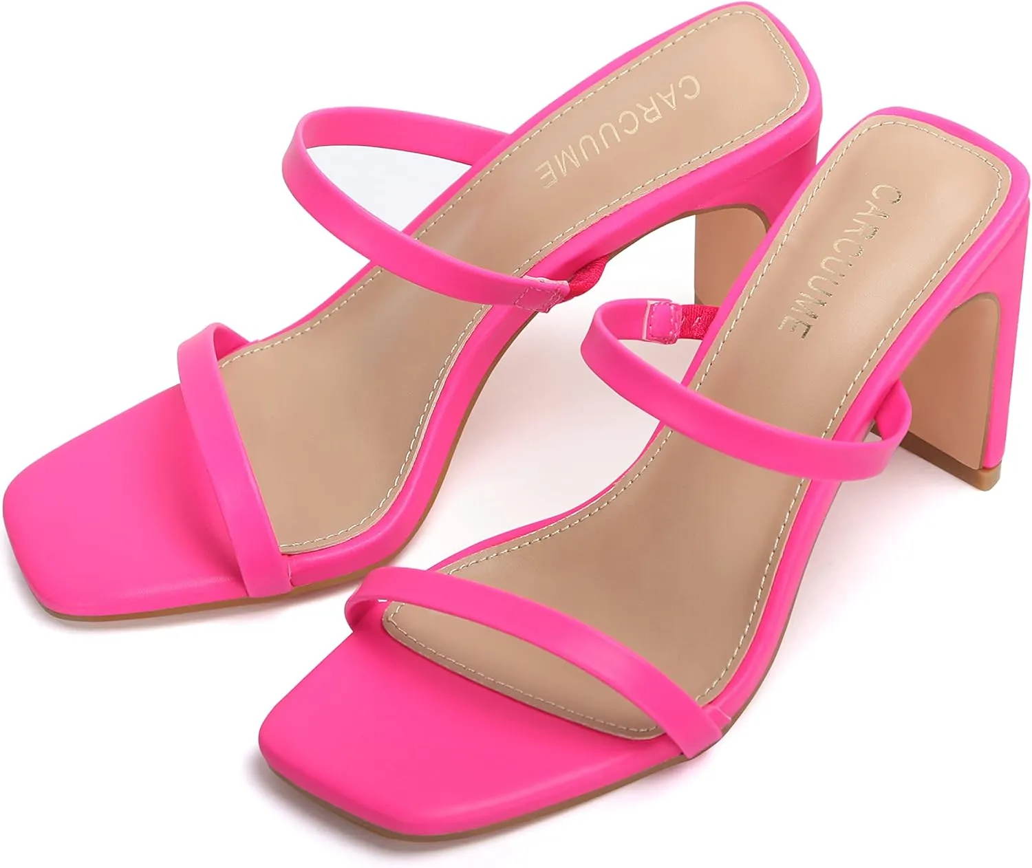 Carcuume Women's Square Toe Two Strap Open Toe Block Heels Sandals Slip On Shoes