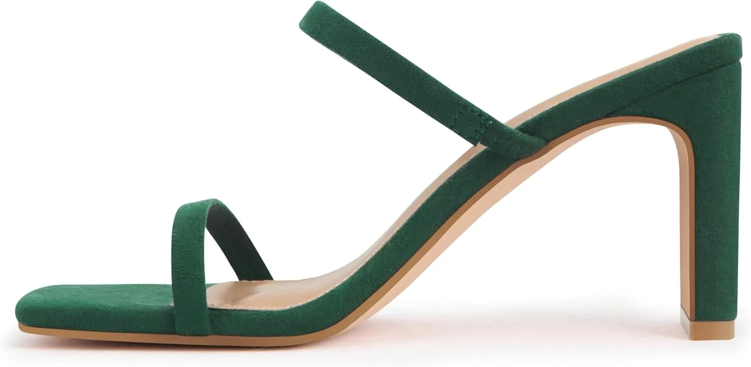 Carcuume Women's Square Toe Two Strap Open Toe Block Heels Sandals Slip On Shoes