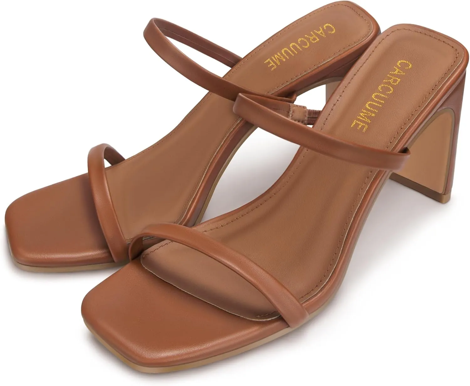 Carcuume Women's Square Toe Two Strap Open Toe Block Heels Sandals Slip On Shoes