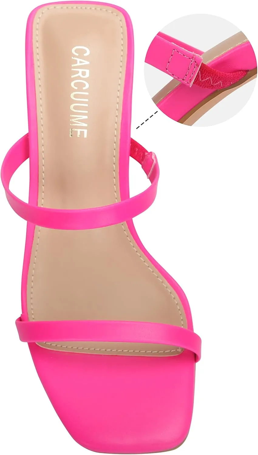 Carcuume Women's Square Toe Two Strap Open Toe Block Heels Sandals Slip On Shoes
