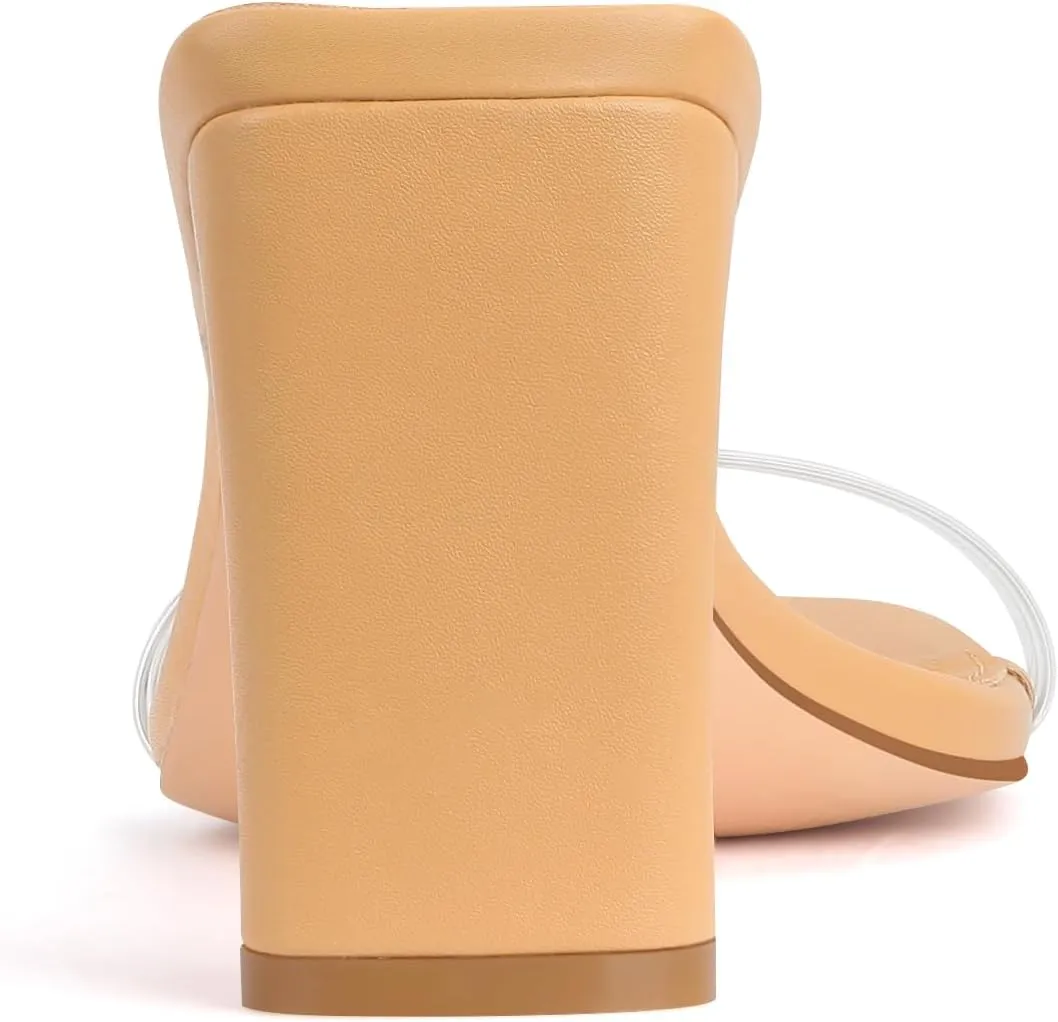 Carcuume Women's Square Toe Two Strap Open Toe Block Heels Sandals Slip On Shoes