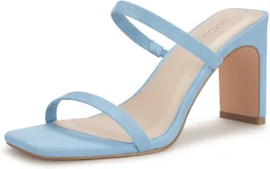 Carcuume Women's Square Toe Two Strap Open Toe Block Heels Sandals Slip On Shoes