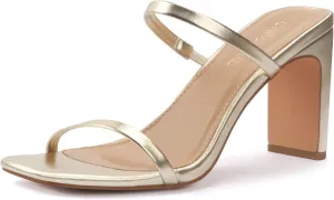 Carcuume Women's Square Toe Two Strap Open Toe Block Heels Sandals Slip On Shoes
