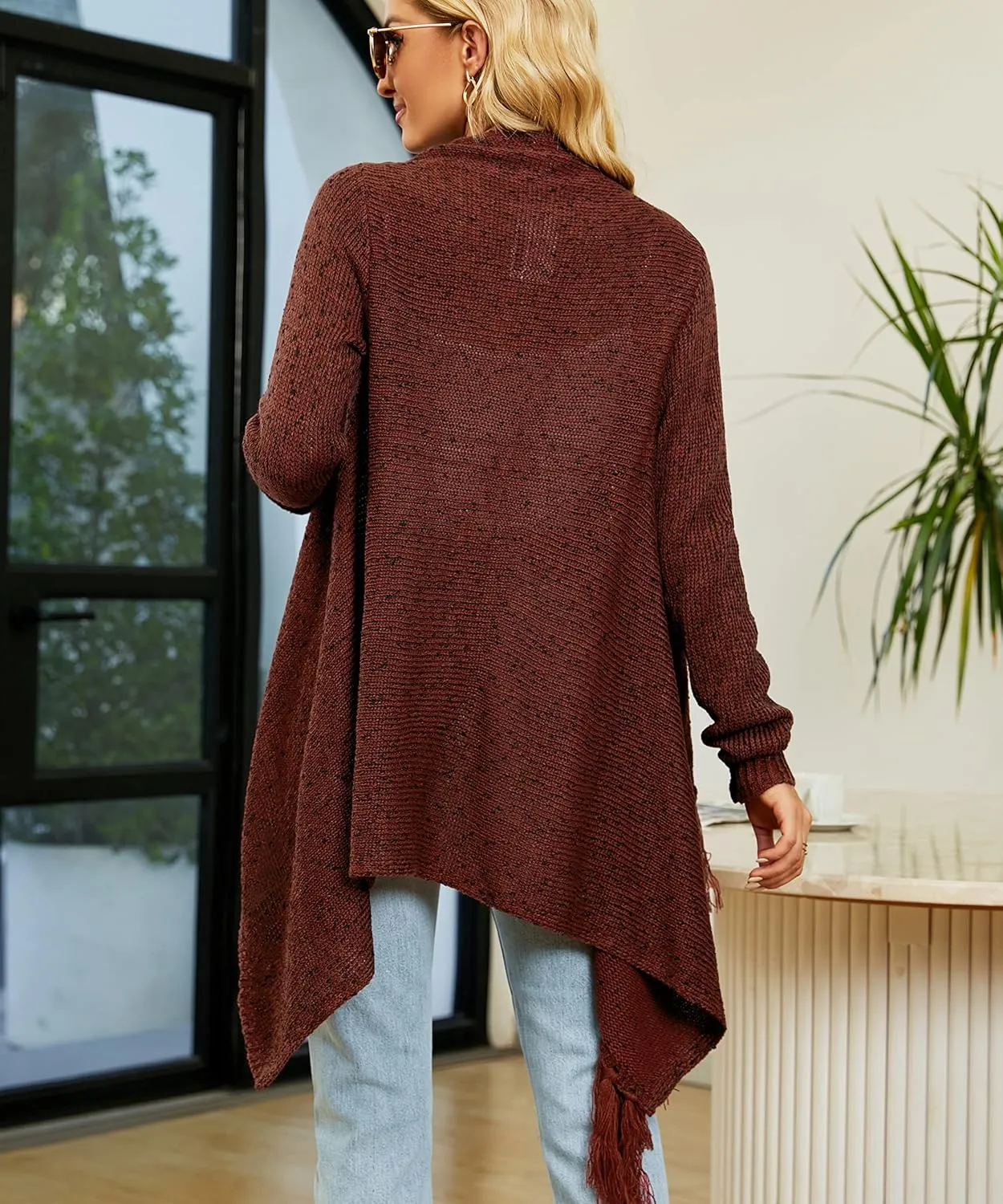 CEASIKERY Women's Tassel Hem Sweater Long Cardigan Knitwer Pullover Poncho Coat