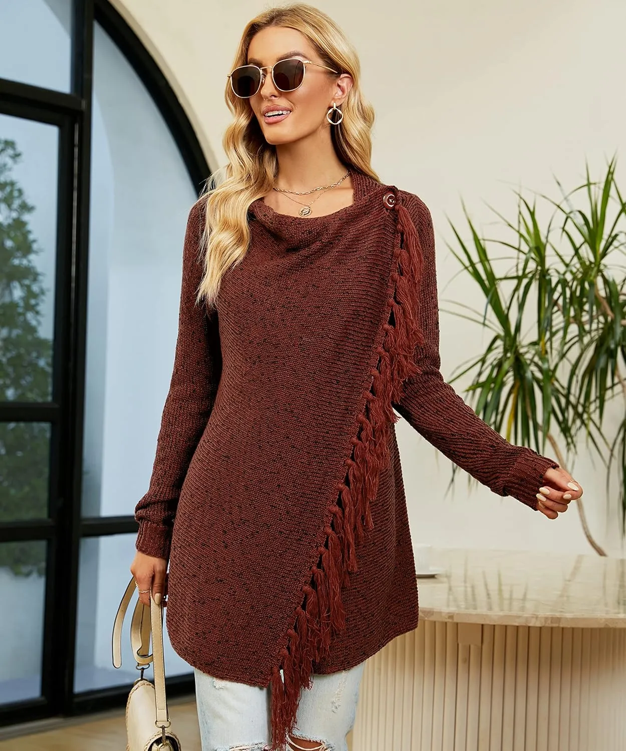 CEASIKERY Women's Tassel Hem Sweater Long Cardigan Knitwer Pullover Poncho Coat