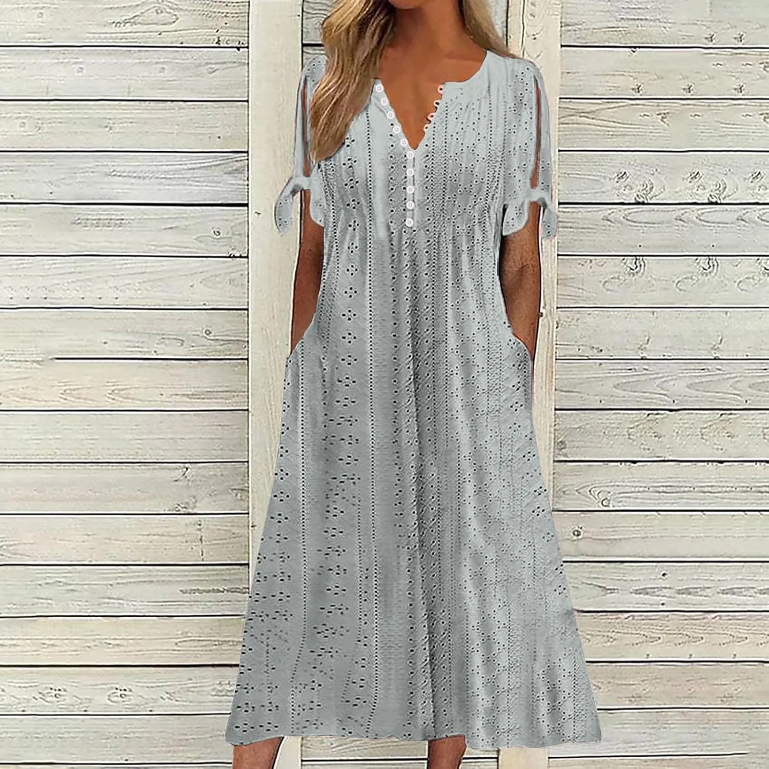 Ceboyel Womens Eyelet Casual Summer Dress Boho Embroidery Maxi Dresses Pleated Long Dress Vacation Trendy Clothing 2024