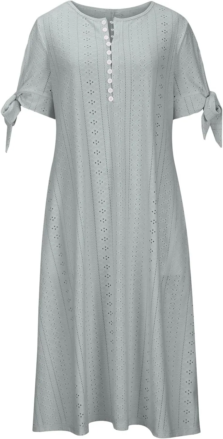 Ceboyel Womens Eyelet Casual Summer Dress Boho Embroidery Maxi Dresses Pleated Long Dress Vacation Trendy Clothing 2024