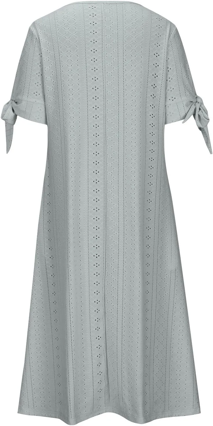 Ceboyel Womens Eyelet Casual Summer Dress Boho Embroidery Maxi Dresses Pleated Long Dress Vacation Trendy Clothing 2024