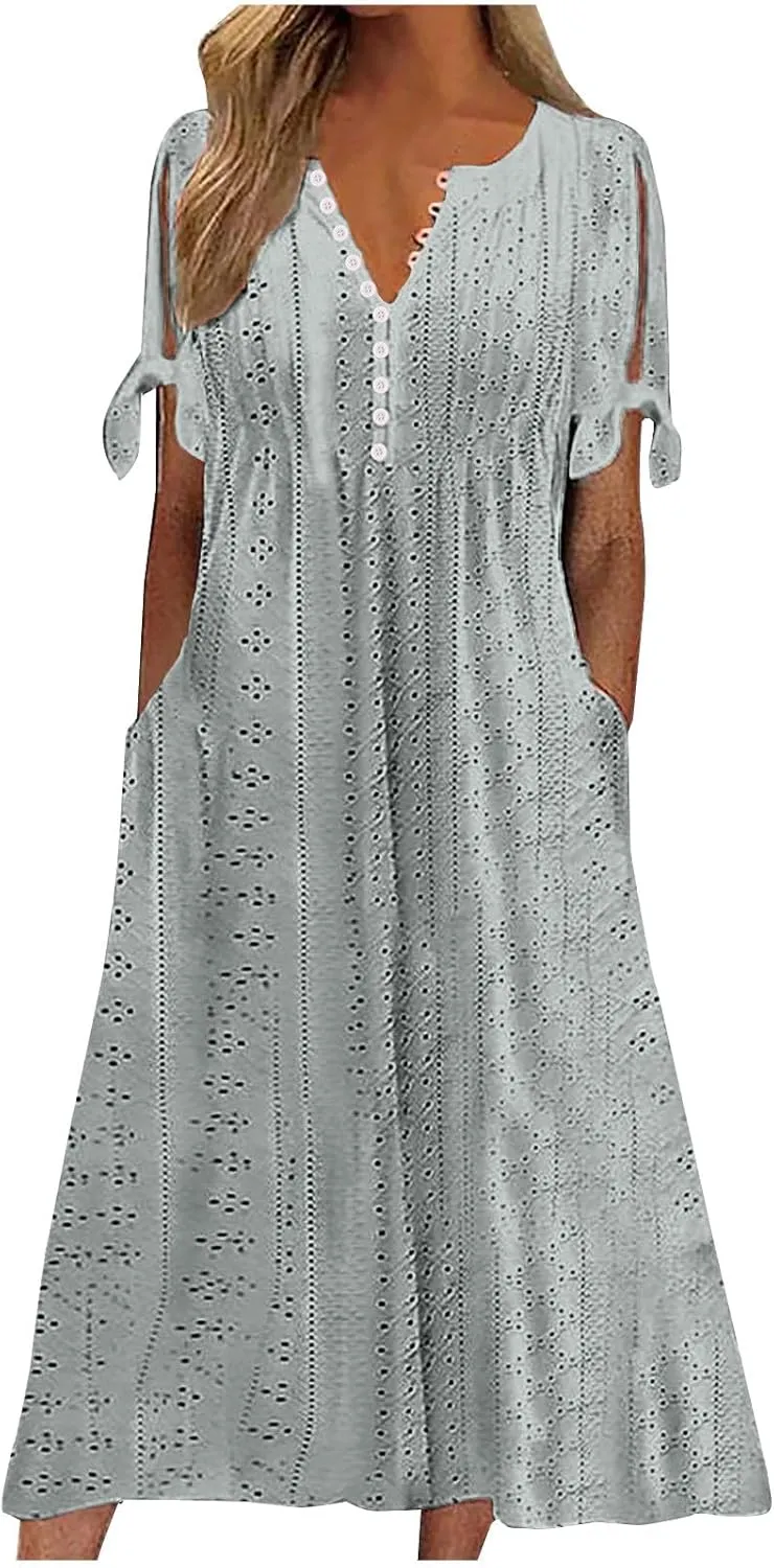 Ceboyel Womens Eyelet Casual Summer Dress Boho Embroidery Maxi Dresses Pleated Long Dress Vacation Trendy Clothing 2024