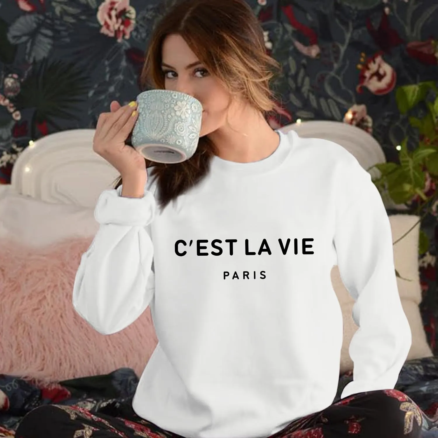 C'est La Vie Paris Sweatshirt For Women Oversized Graphic Crewneck Hoodie Casual Long Sleeve Shirt Pullover Tops