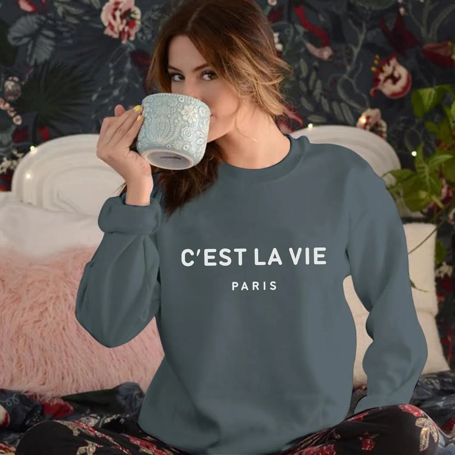 C'est La Vie Paris Sweatshirt For Women Oversized Graphic Crewneck Hoodie Casual Long Sleeve Shirt Pullover Tops