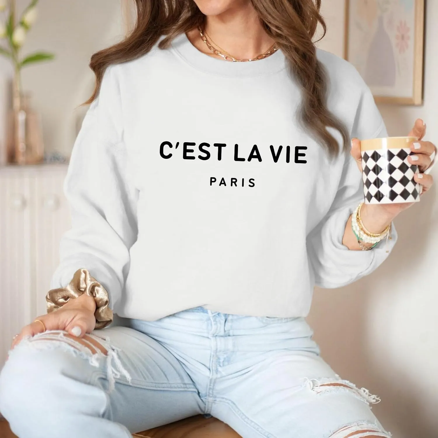C'est La Vie Paris Sweatshirt For Women Oversized Graphic Crewneck Hoodie Casual Long Sleeve Shirt Pullover Tops