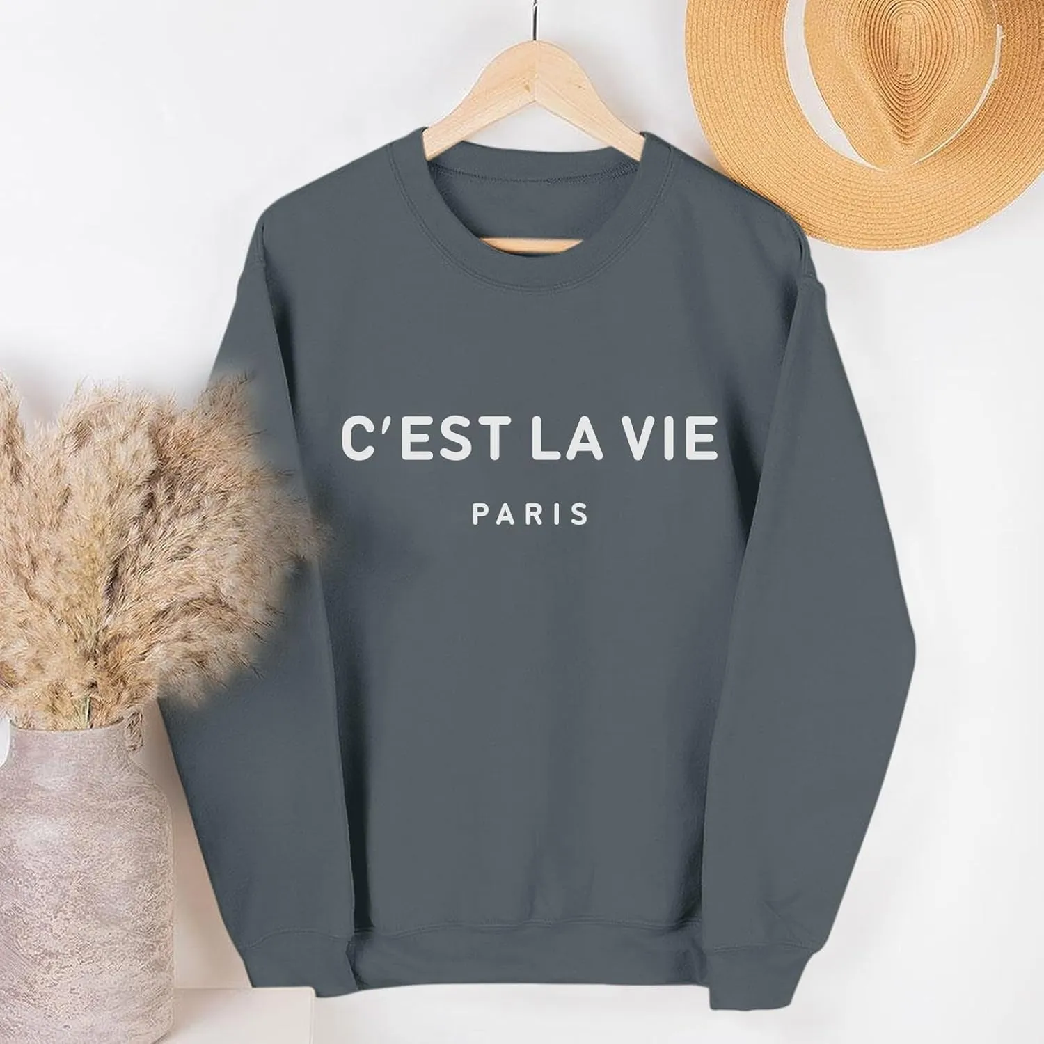 C'est La Vie Paris Sweatshirt For Women Oversized Graphic Crewneck Hoodie Casual Long Sleeve Shirt Pullover Tops
