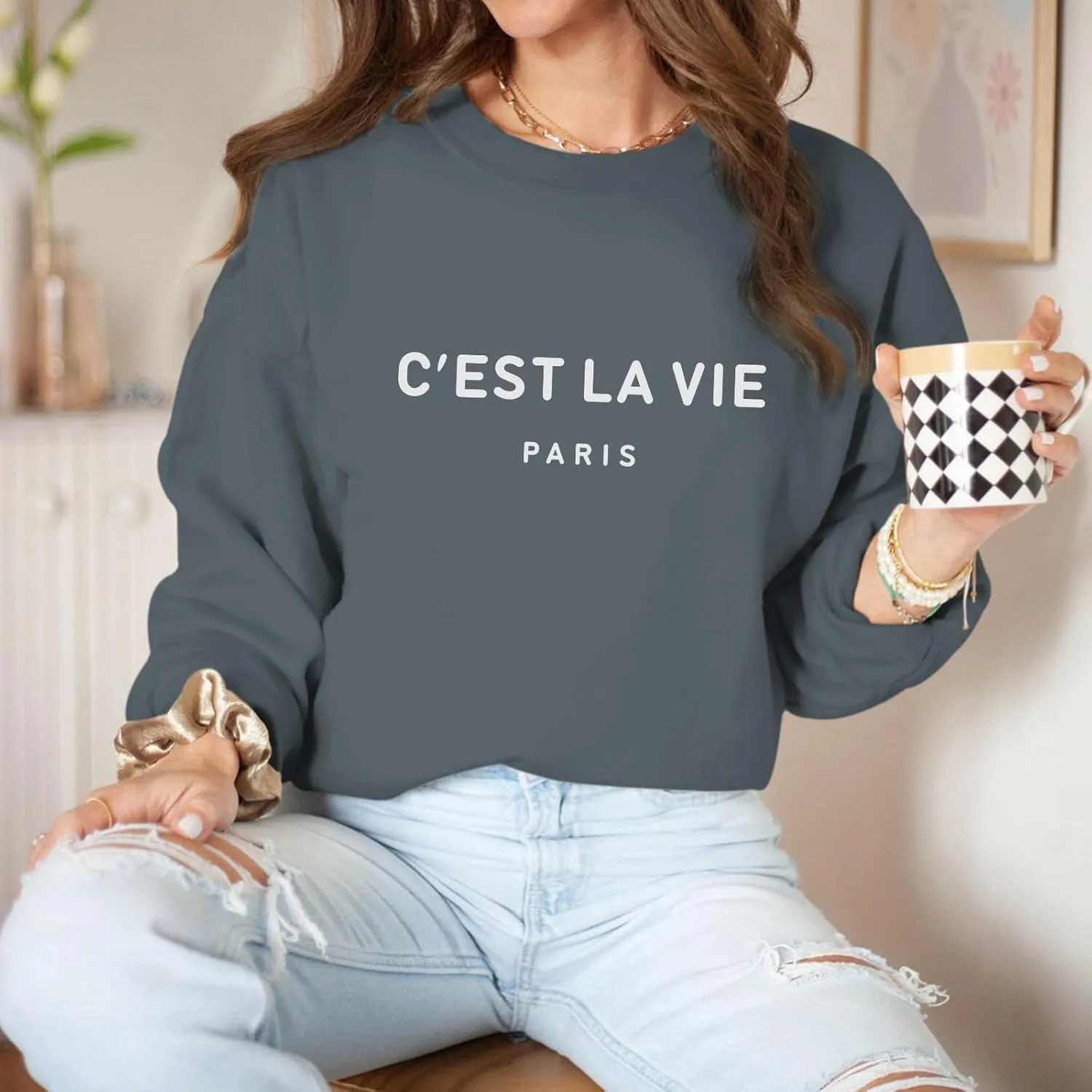 C'est La Vie Paris Sweatshirt For Women Oversized Graphic Crewneck Hoodie Casual Long Sleeve Shirt Pullover Tops