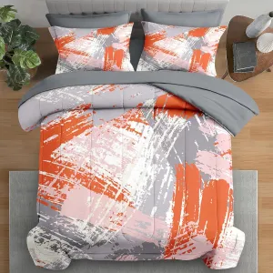 Comforter Set Queen Size, Urban Graffiti Orange Grey 7 Pcs Bedding for Kids and Adults, Abstract Paint Line Bed Sheet Sets with Fitted Sheet 2 Pillowcase & 2 Sham for Bedroom Bed Decor