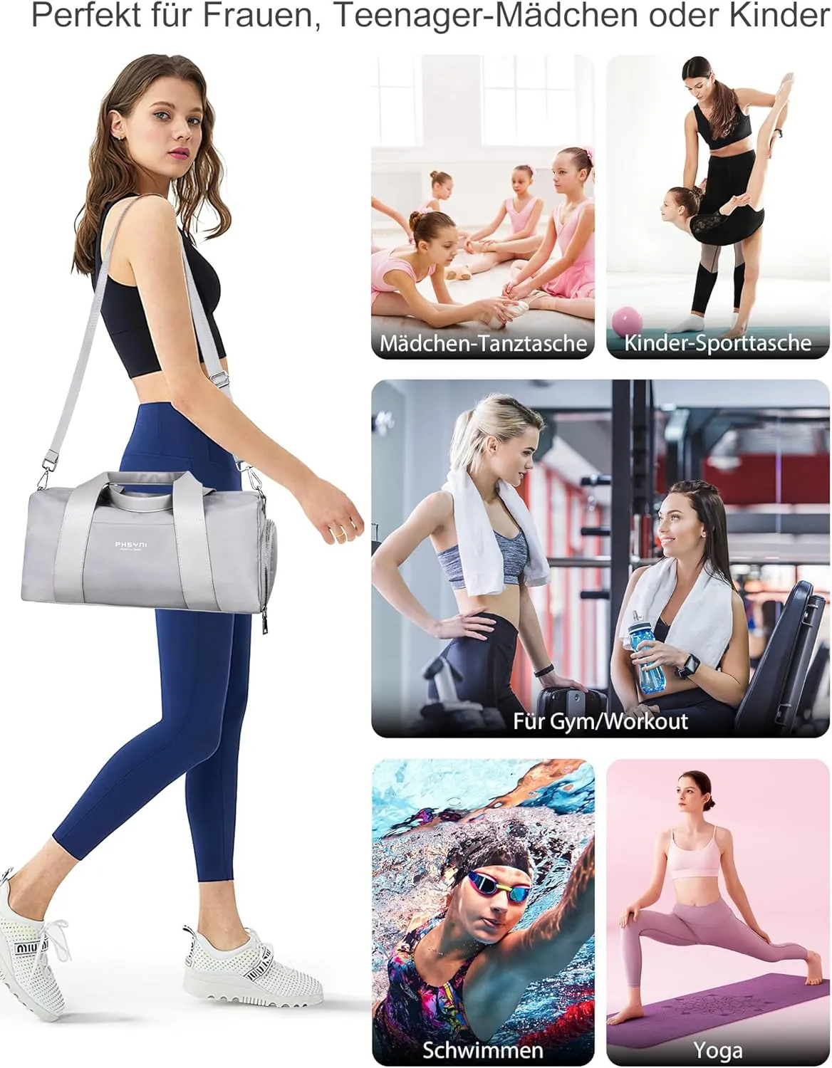 Compact Sports Gym Bag for Women and Men, Cute Mini Duffle Bag with Wet Pocket & Shoes Compartment, Personal Item Travel Workout Bag, 16"-Small, Grey