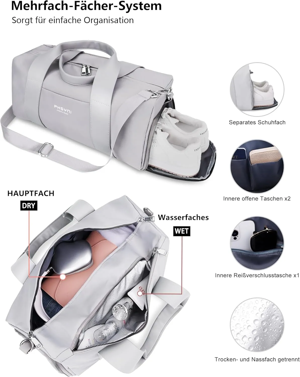 Compact Sports Gym Bag for Women and Men, Cute Mini Duffle Bag with Wet Pocket & Shoes Compartment, Personal Item Travel Workout Bag, 16"-Small, Grey