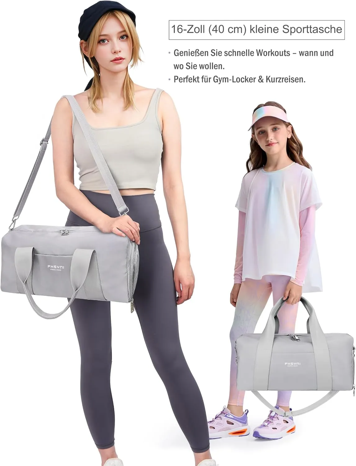Compact Sports Gym Bag for Women and Men, Cute Mini Duffle Bag with Wet Pocket & Shoes Compartment, Personal Item Travel Workout Bag, 16"-Small, Grey
