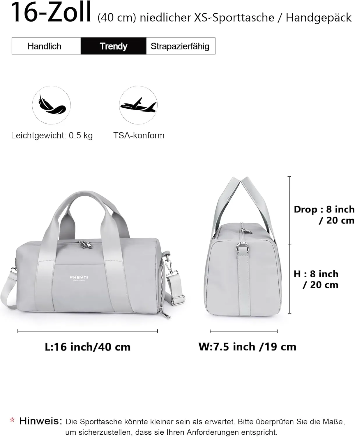 Compact Sports Gym Bag for Women and Men, Cute Mini Duffle Bag with Wet Pocket & Shoes Compartment, Personal Item Travel Workout Bag, 16"-Small, Grey