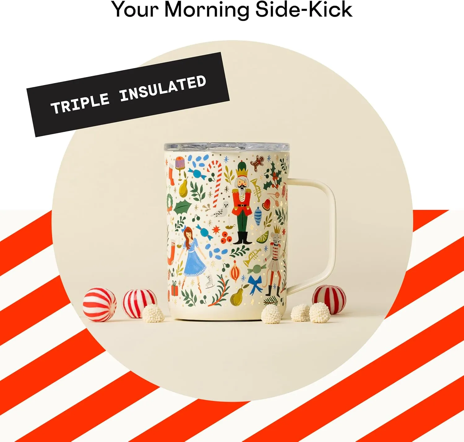 Corkcicle x Rifle Paper Co. Nutcracker Ballet Insulated Coffee Mug with Lid and Handle, 16 oz – Travel Mug Keeps Drinks Hot 3hrs – Non-Slip, Easy-Grip, Spill-Resistant Tumbler