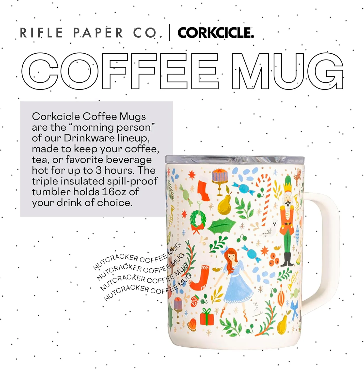 Corkcicle x Rifle Paper Co. Nutcracker Ballet Insulated Coffee Mug with Lid and Handle, 16 oz – Travel Mug Keeps Drinks Hot 3hrs – Non-Slip, Easy-Grip, Spill-Resistant Tumbler