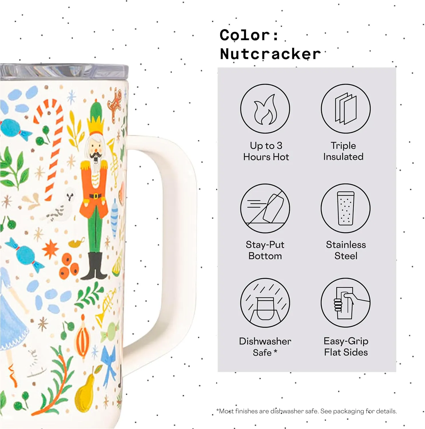 Corkcicle x Rifle Paper Co. Nutcracker Ballet Insulated Coffee Mug with Lid and Handle, 16 oz – Travel Mug Keeps Drinks Hot 3hrs – Non-Slip, Easy-Grip, Spill-Resistant Tumbler