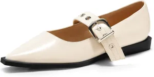 Coutgo Womens Mary Jane Flats Closed Pointed Toe Ballet Flat Studded Metal Adjustable Buckle Dress Shoes