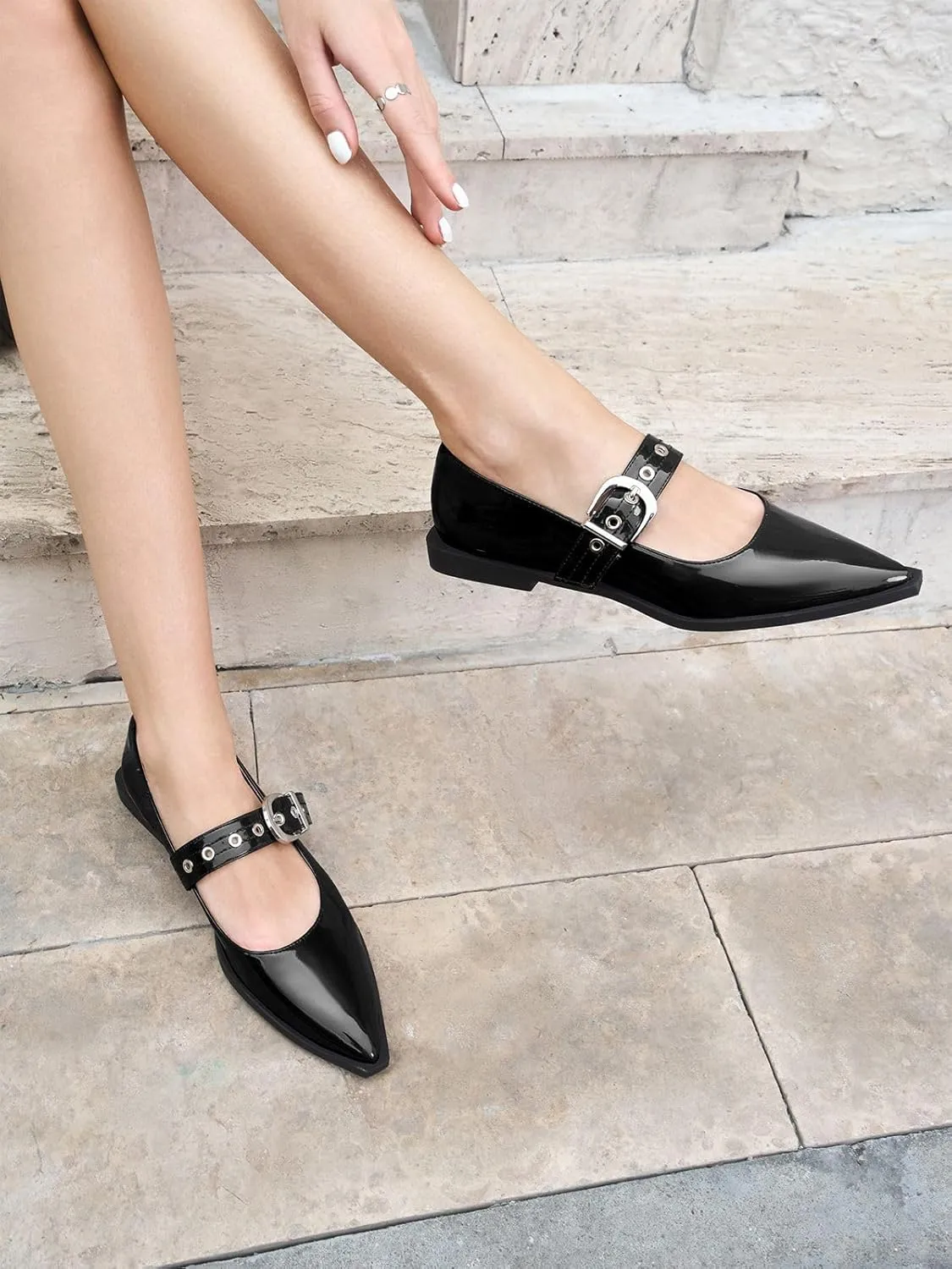 Coutgo Womens Mary Jane Flats Closed Pointed Toe Ballet Flat Studded Metal Adjustable Buckle Dress Shoes