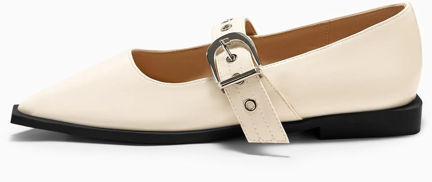 Coutgo Womens Mary Jane Flats Closed Pointed Toe Ballet Flat Studded Metal Adjustable Buckle Dress Shoes
