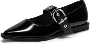 Coutgo Womens Mary Jane Flats Closed Pointed Toe Ballet Flat Studded Metal Adjustable Buckle Dress Shoes