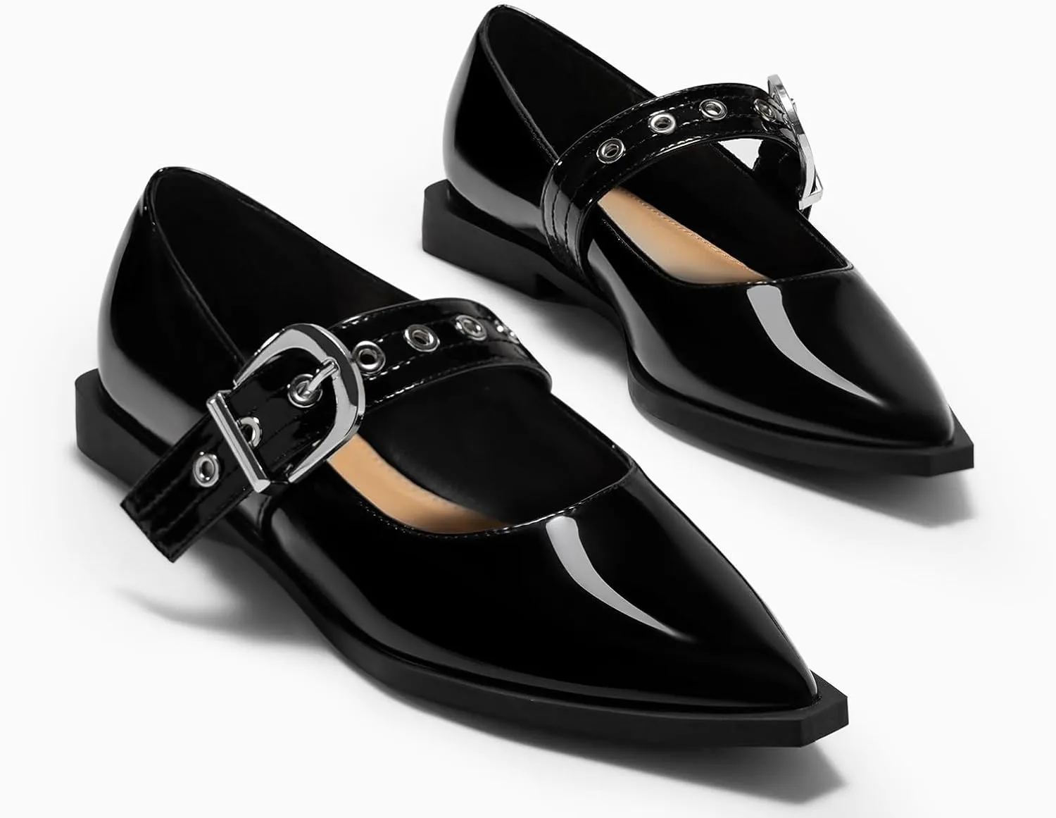 Coutgo Womens Mary Jane Flats Closed Pointed Toe Ballet Flat Studded Metal Adjustable Buckle Dress Shoes