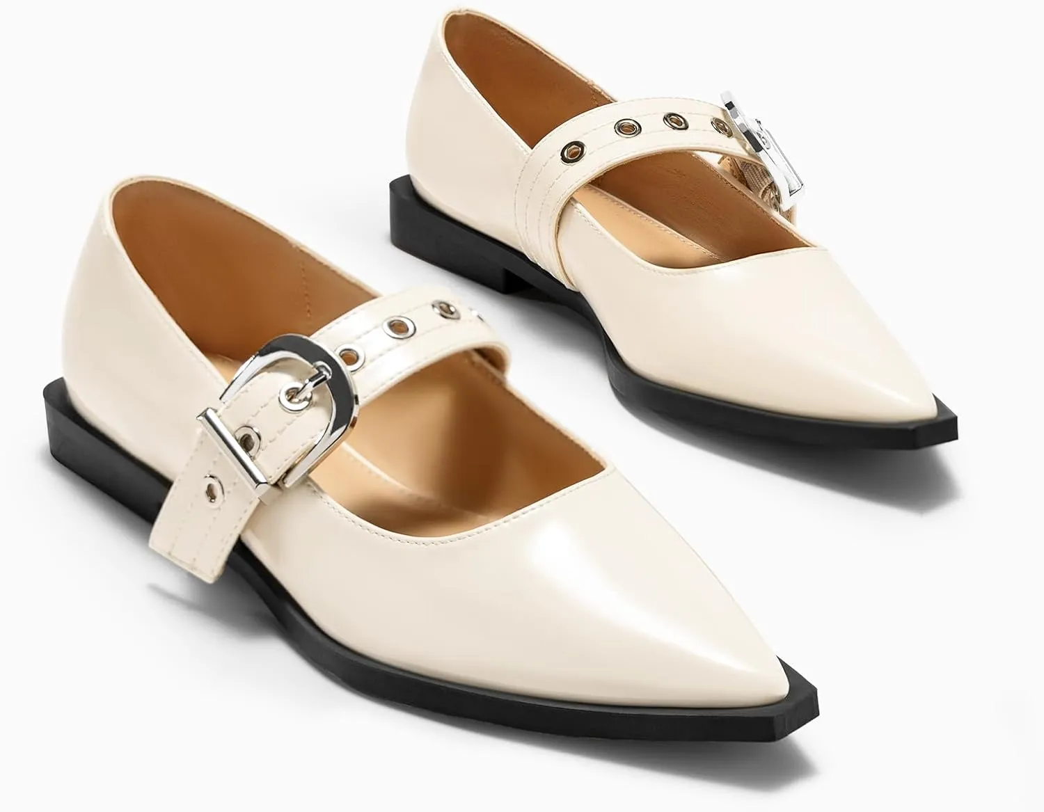 Coutgo Womens Mary Jane Flats Closed Pointed Toe Ballet Flat Studded Metal Adjustable Buckle Dress Shoes