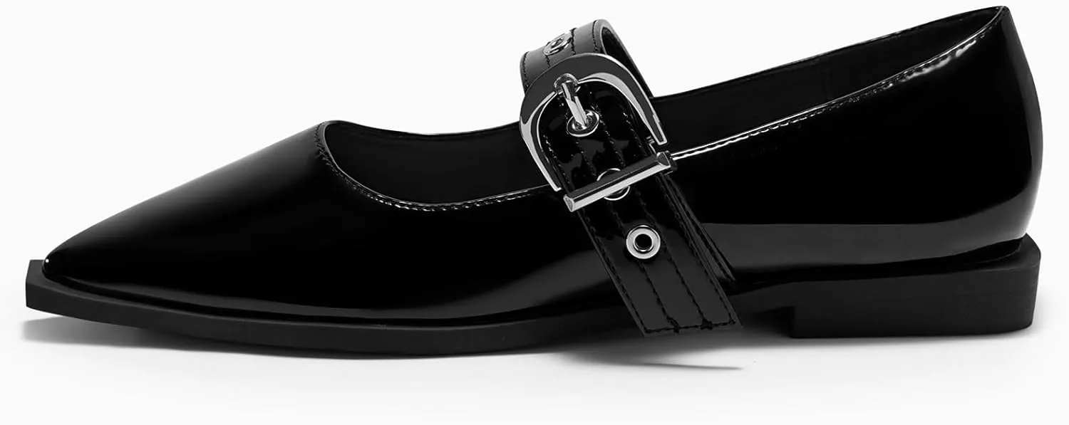 Coutgo Womens Mary Jane Flats Closed Pointed Toe Ballet Flat Studded Metal Adjustable Buckle Dress Shoes