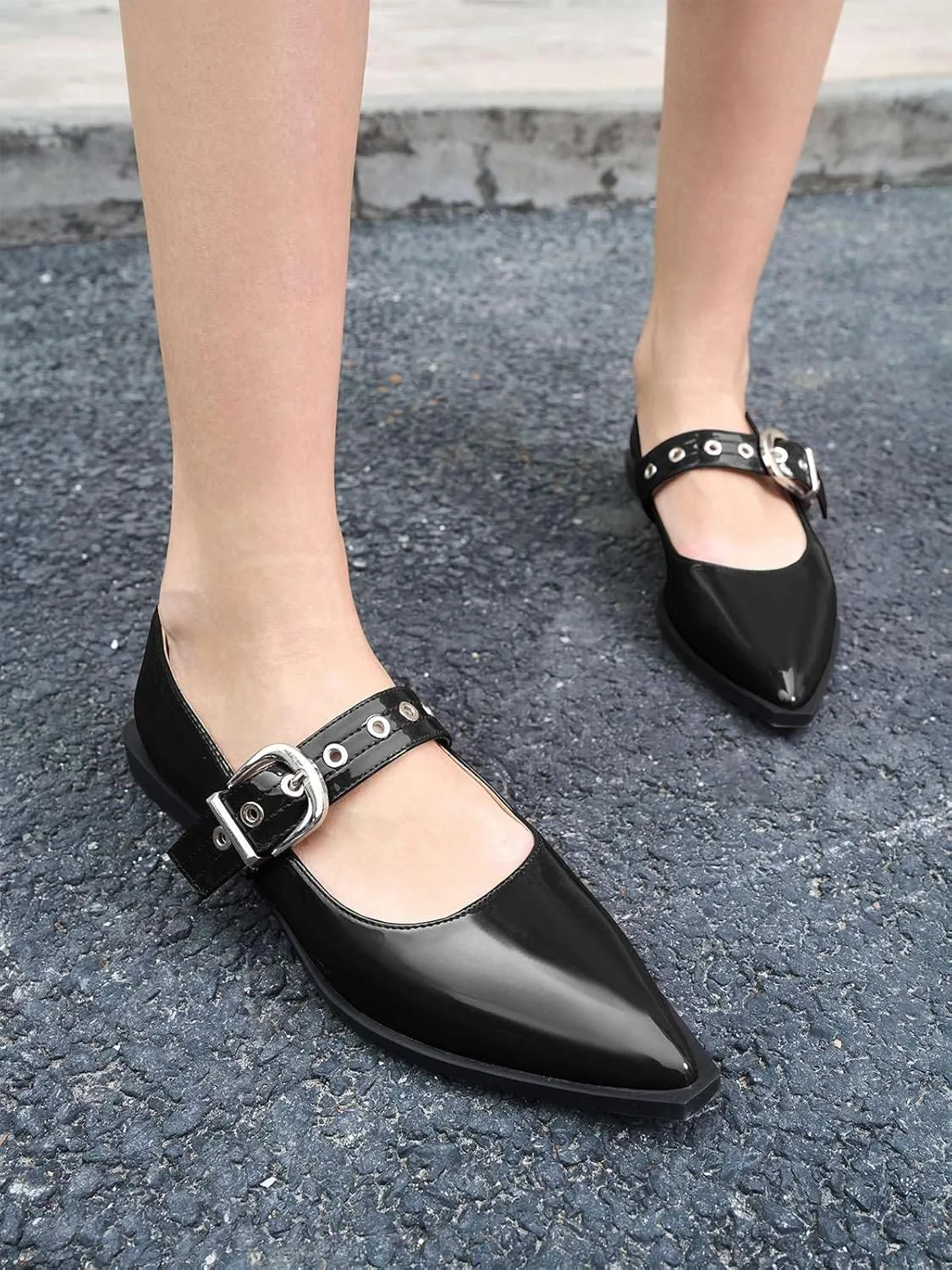Coutgo Womens Mary Jane Flats Closed Pointed Toe Ballet Flat Studded Metal Adjustable Buckle Dress Shoes