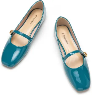 C.Paravano Women's Mary Jane Flats | Comfortable Square Toe Ballet Flats | Mary Jane Shoes with Strap | Casual Dressy Flat Shoes for Work Party or Date Nights (Size 6.5,Blue)