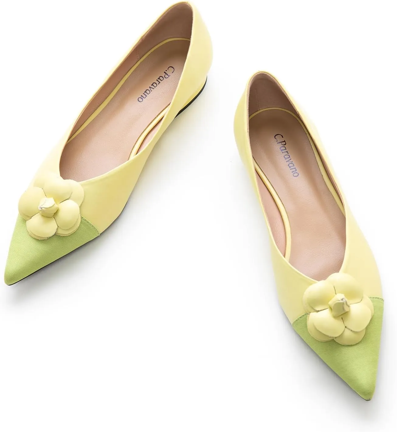 C.Paravano Women's Pointed Toe Two Tone Designer Ballet Flats - Leather Shoes for Dressy Casual Work Office Party
