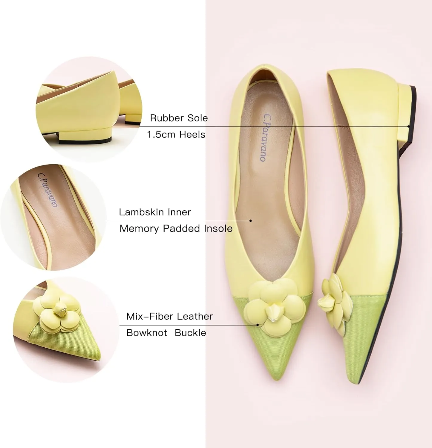 C.Paravano Women's Pointed Toe Two Tone Designer Ballet Flats - Leather Shoes for Dressy Casual Work Office Party